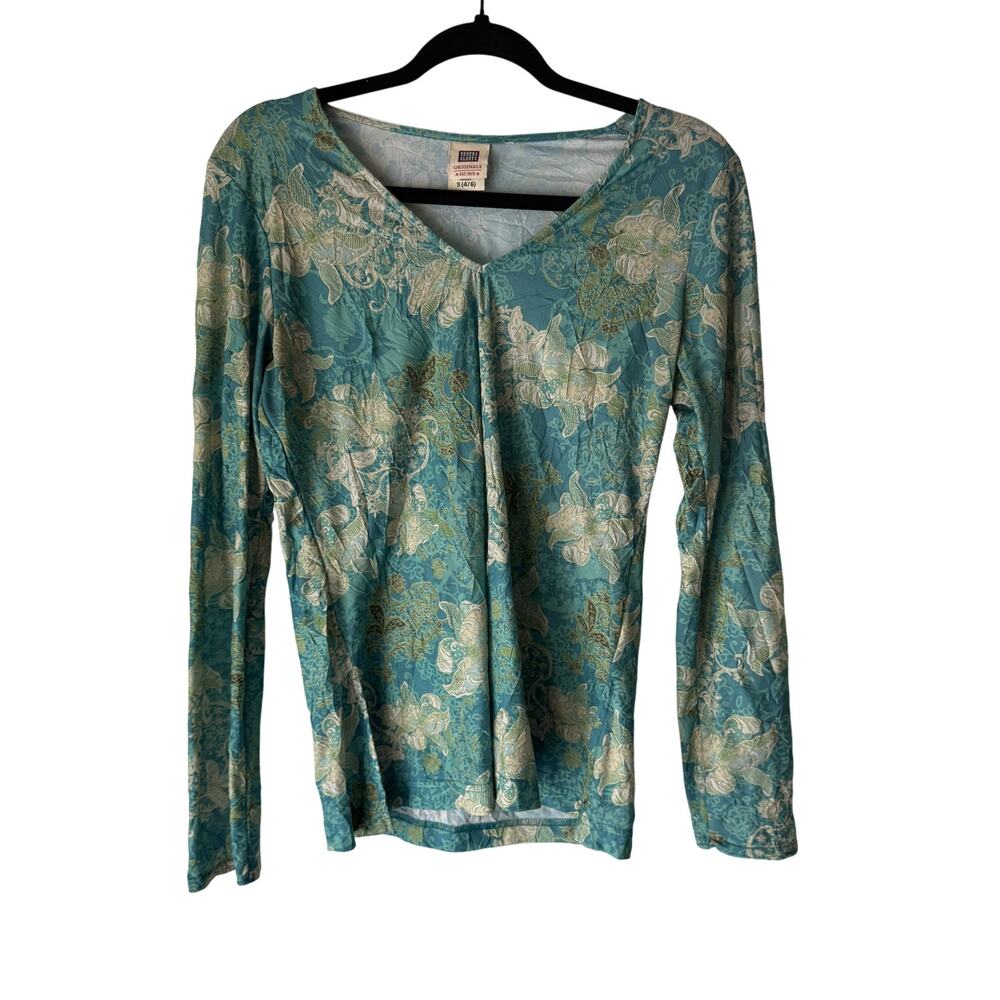 Faded Glory Shirt Y2k Small Blue Aqua Floral Long Sleeve‎ Cottage Top Western